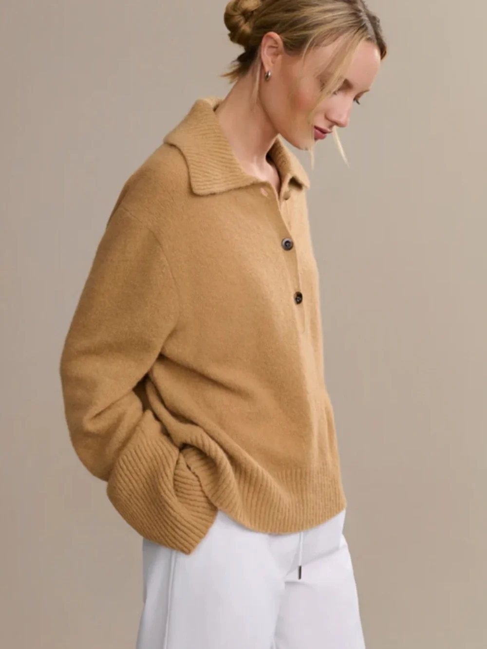 Jenni Kayne cashmere Stevie polo sweater Sz S in camel EUC ( altered sleeves) - Picture 2 of 10